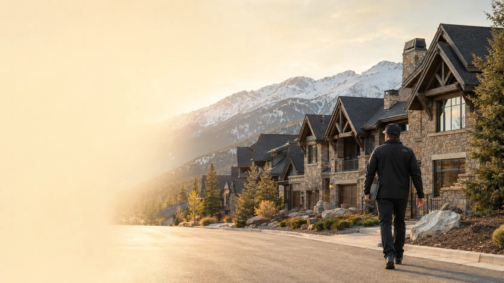 Summit Peak representative walking toward Colorado mountain homes in warm morning light