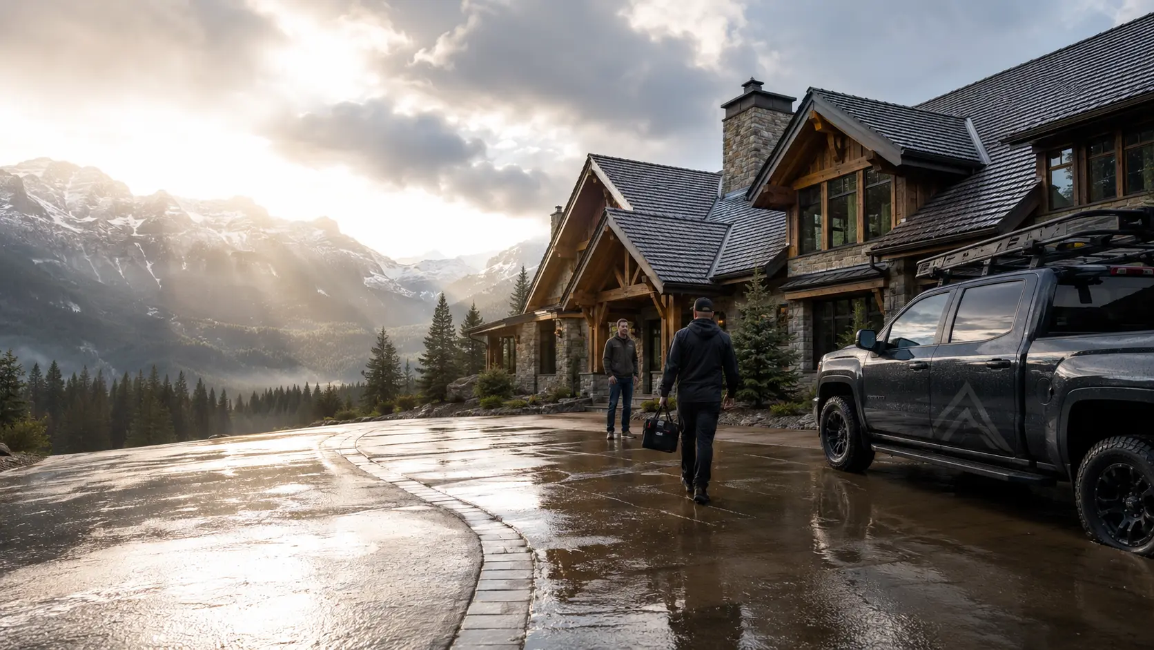 Summit Peak inspector meeting a homeowner beside a roofing truck at a Colorado mountain home after a storm