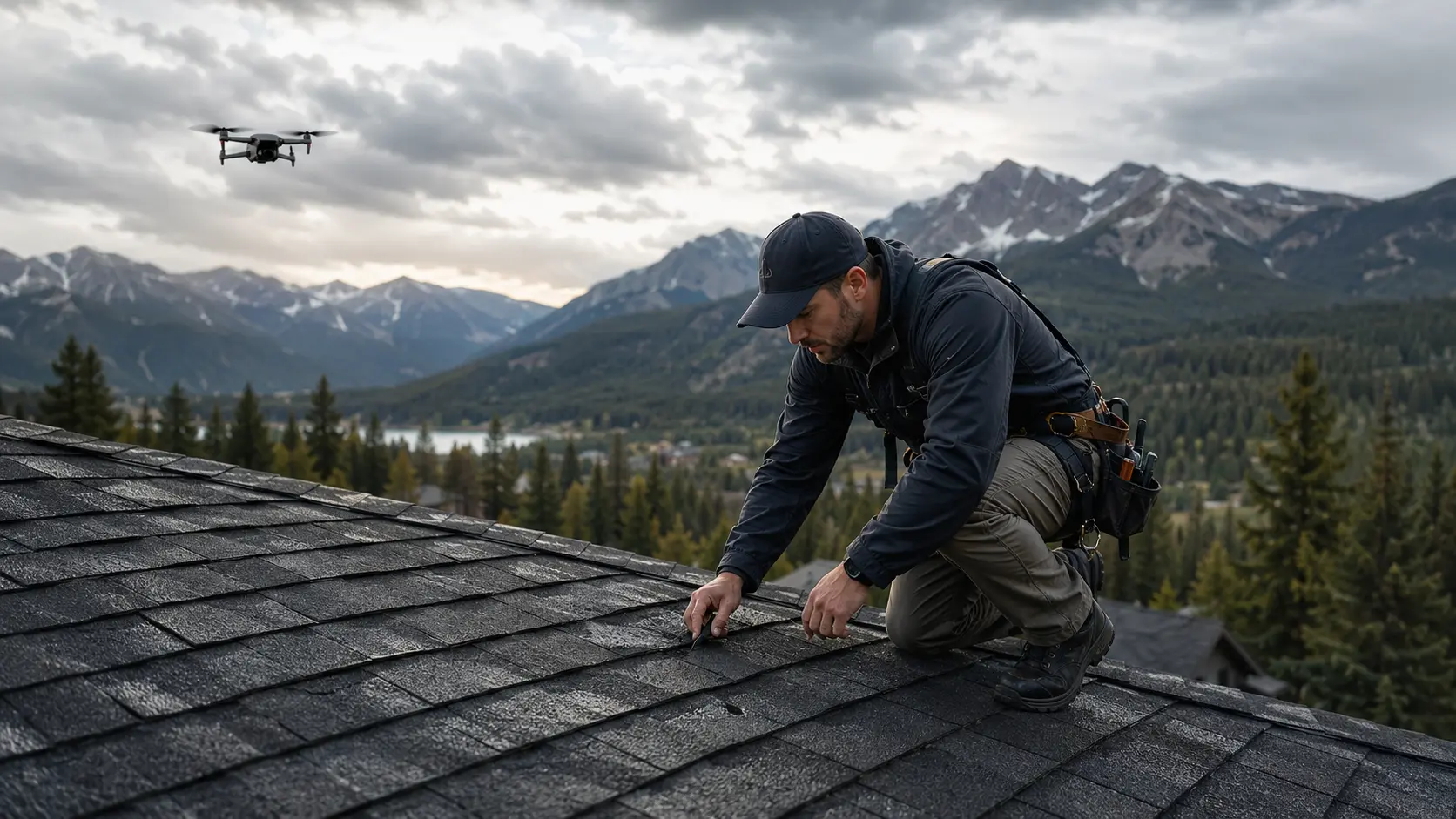 Summit Peak inspector documenting roof damage with a drone over the Colorado mountains