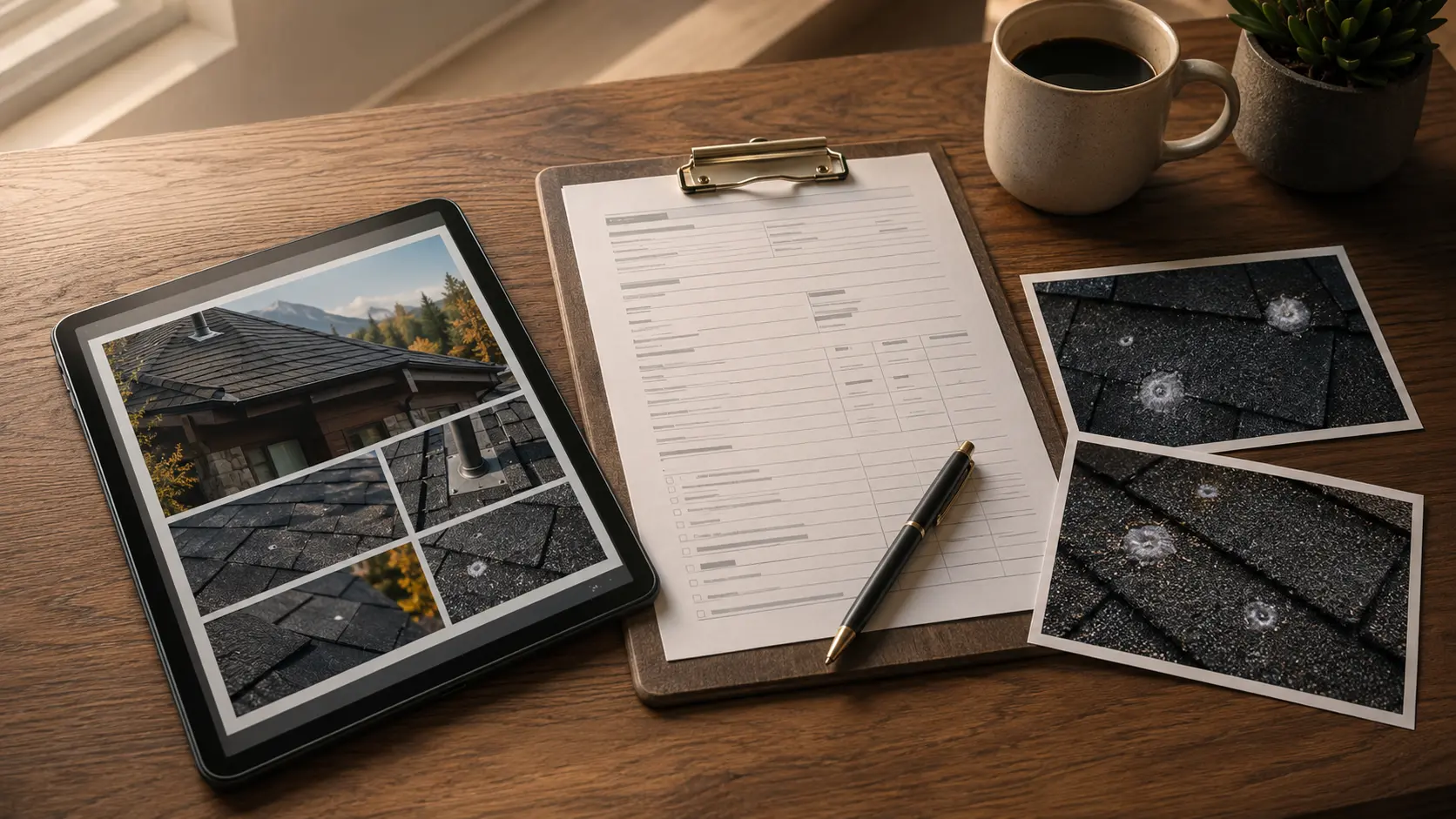 Roof inspection report, tablet photographs, and storm damage documentation