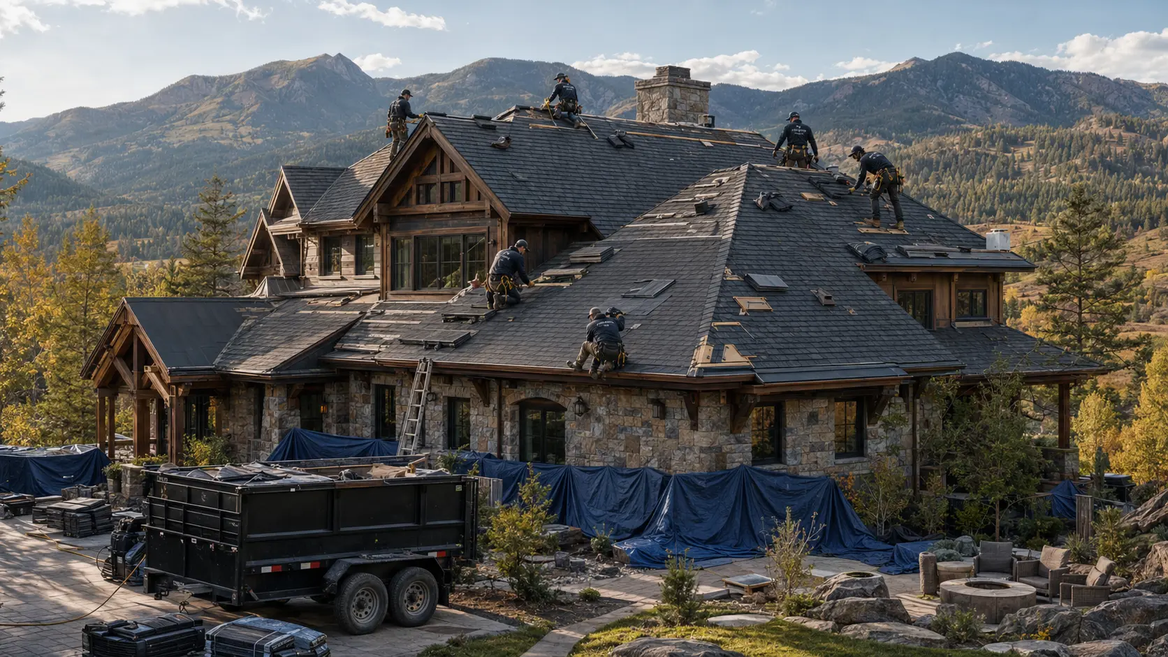 Roofing crew protecting landscaping while installing a new roof