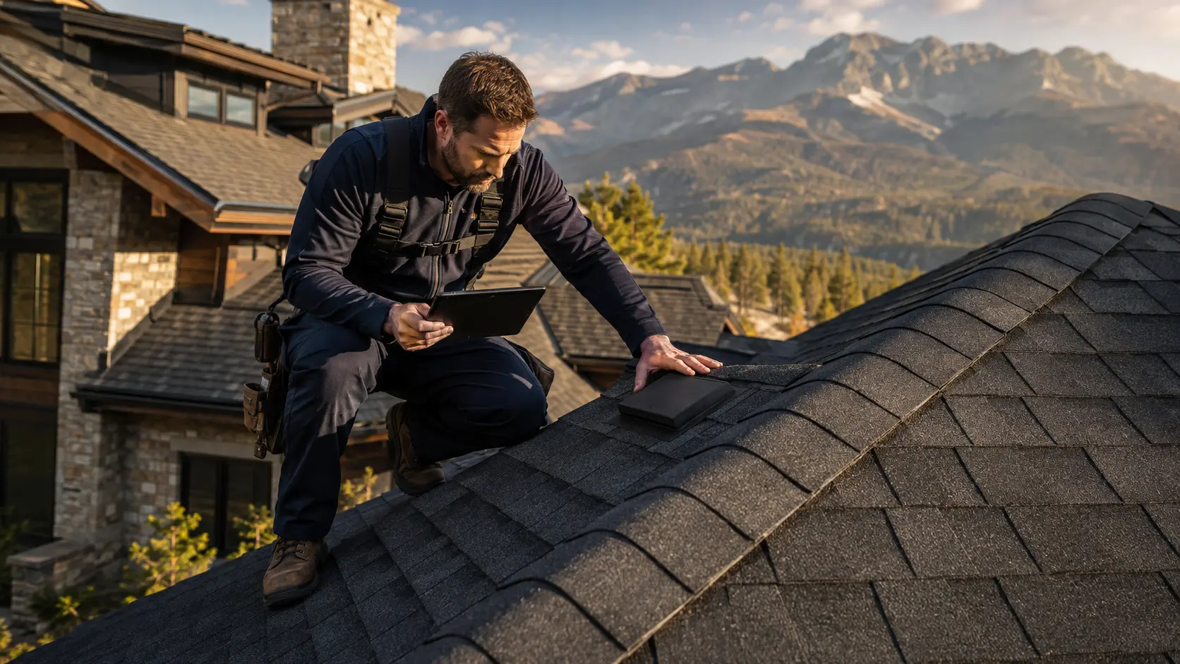 Final craftsmanship inspection of new architectural shingles in golden afternoon light
