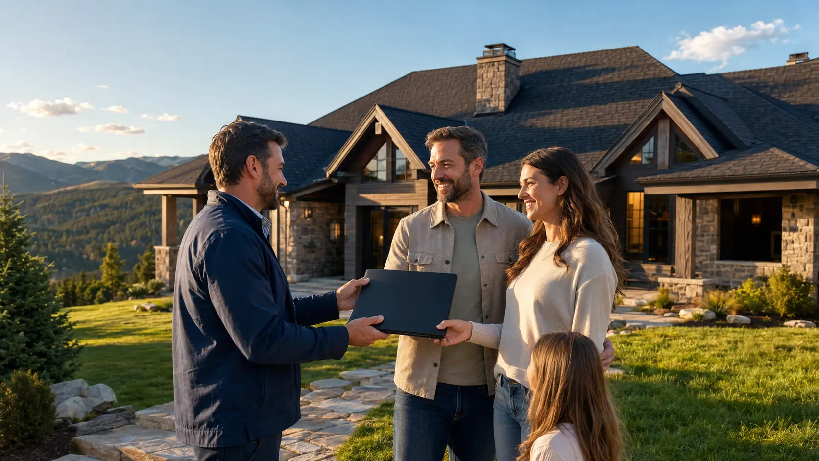 Project manager delivering project documentation to homeowners beside their completed Colorado home