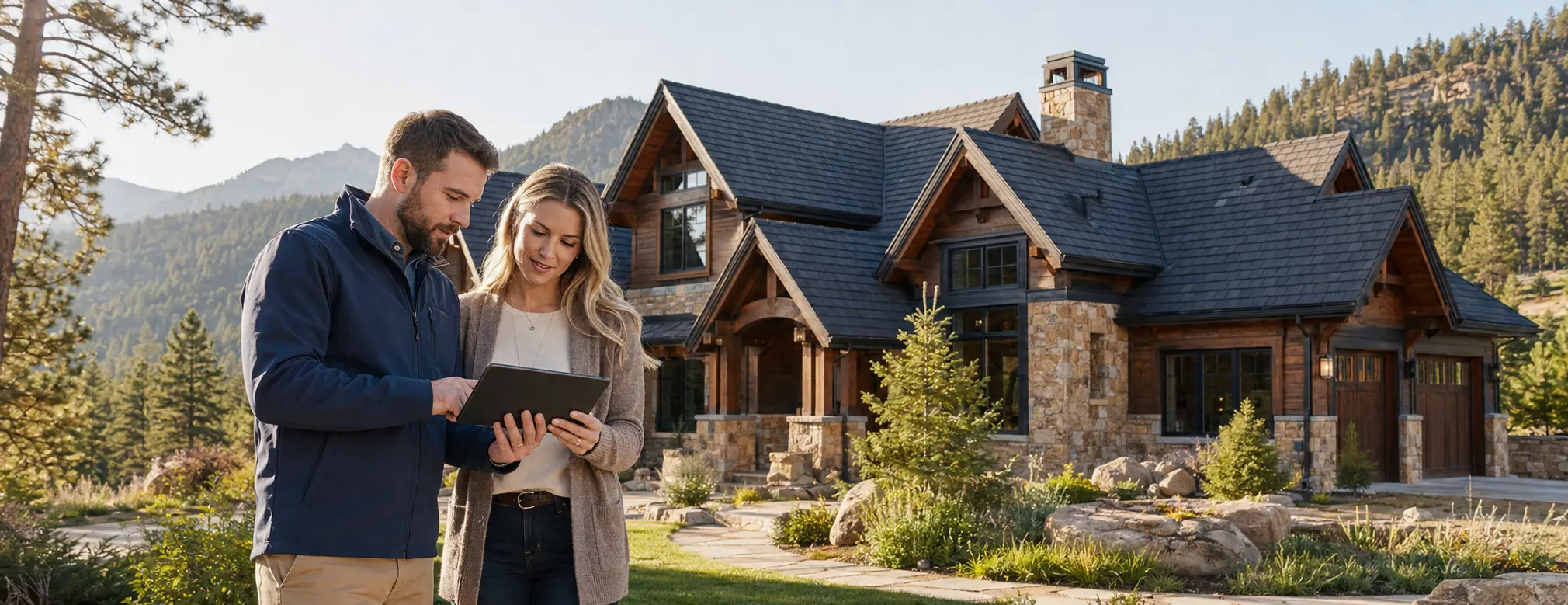 Inspector showing roof findings to a homeowner outside her Colorado home