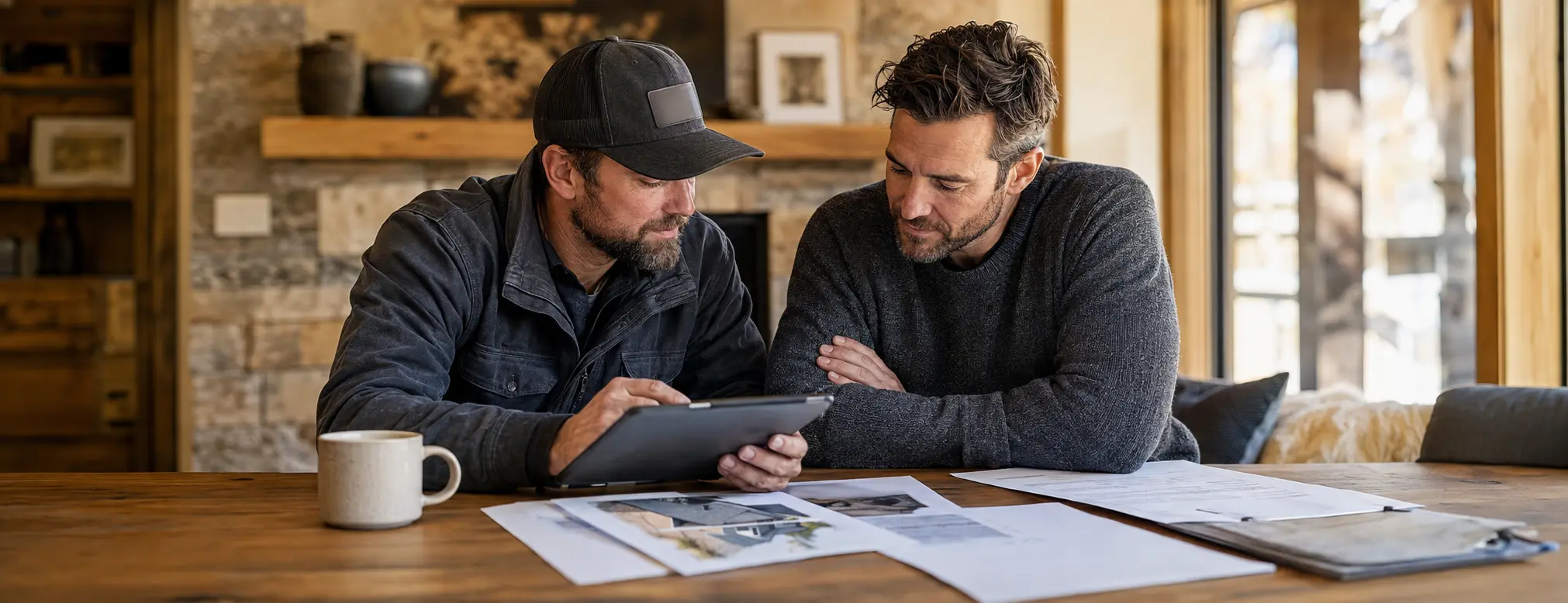 Roofing specialist and homeowner reviewing an insurance claim