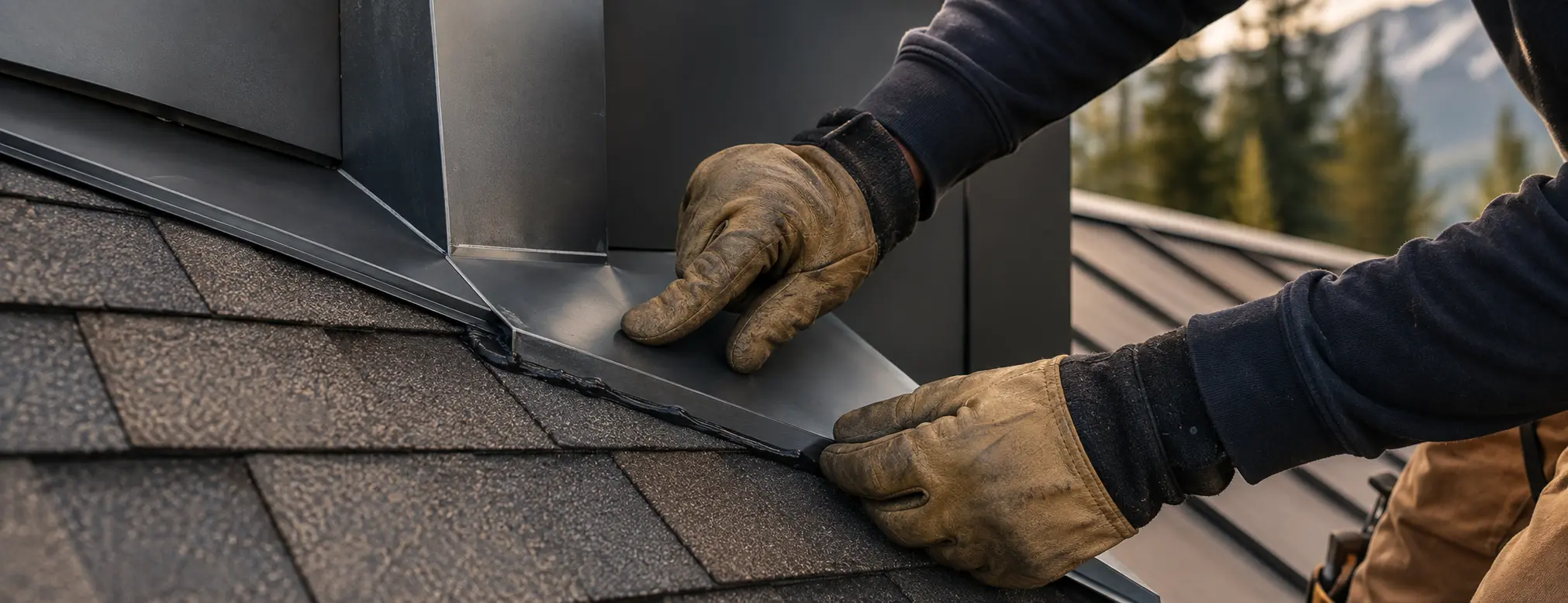 Roofing craftsman precisely installing metal flashing