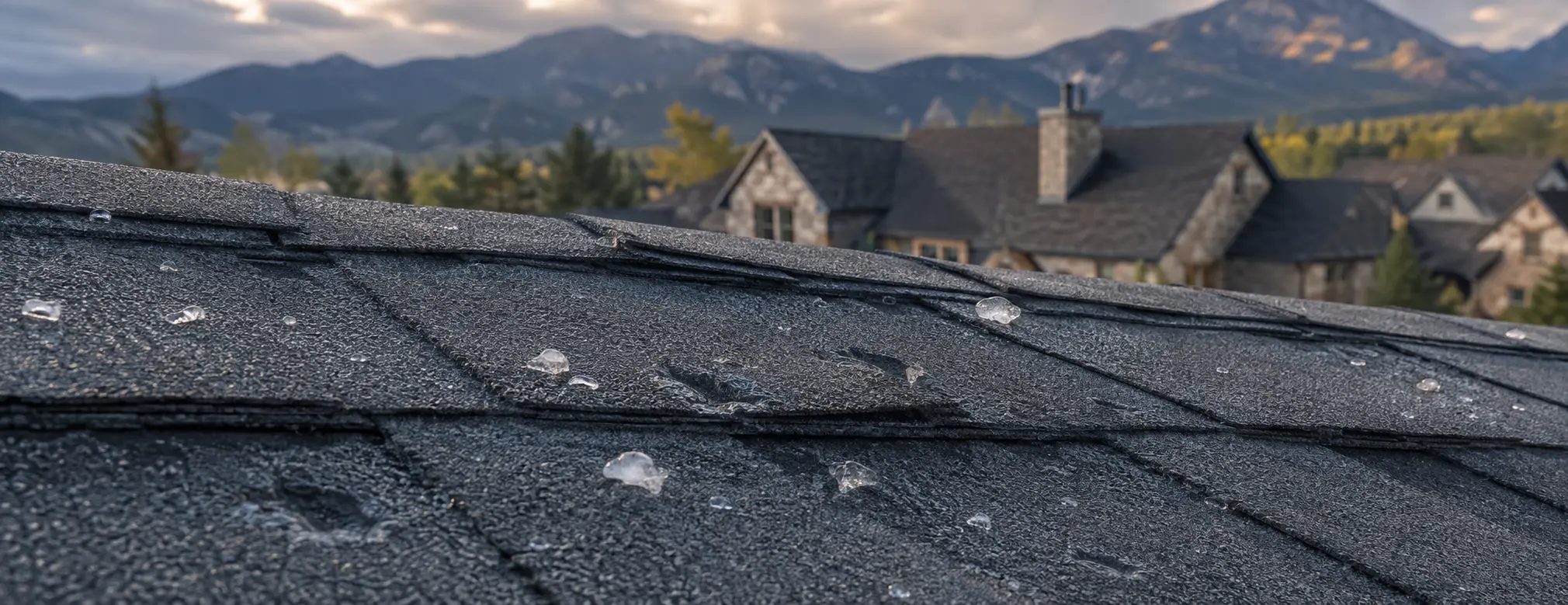 Close view of hail impact on architectural roof shingles